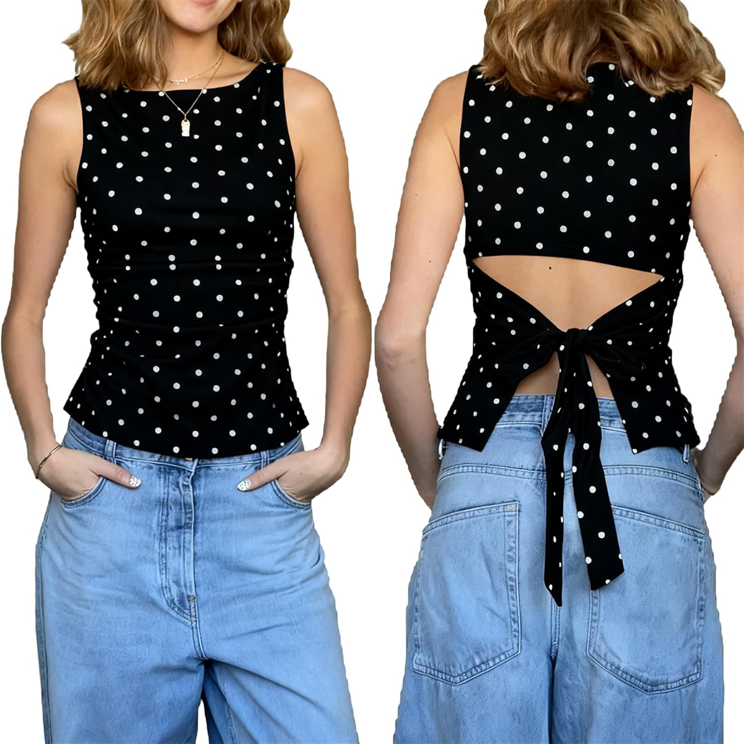 Women Y2k Polka Dots Boat Neck Tank Top Cute Sleeveless Slim Fitted Side Ruched Tie Back Vest Vintage Going Out Top
