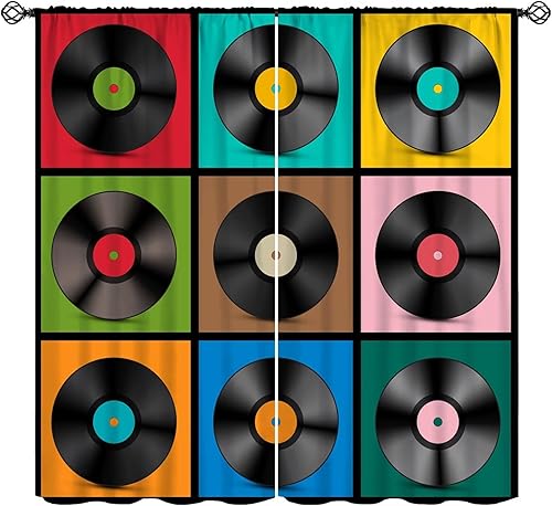 Cortinas de música retro, discos musicales, álbum musical, guitarra de rock, decoración de bolsillo para barra, tratamientos de ventana para niños,