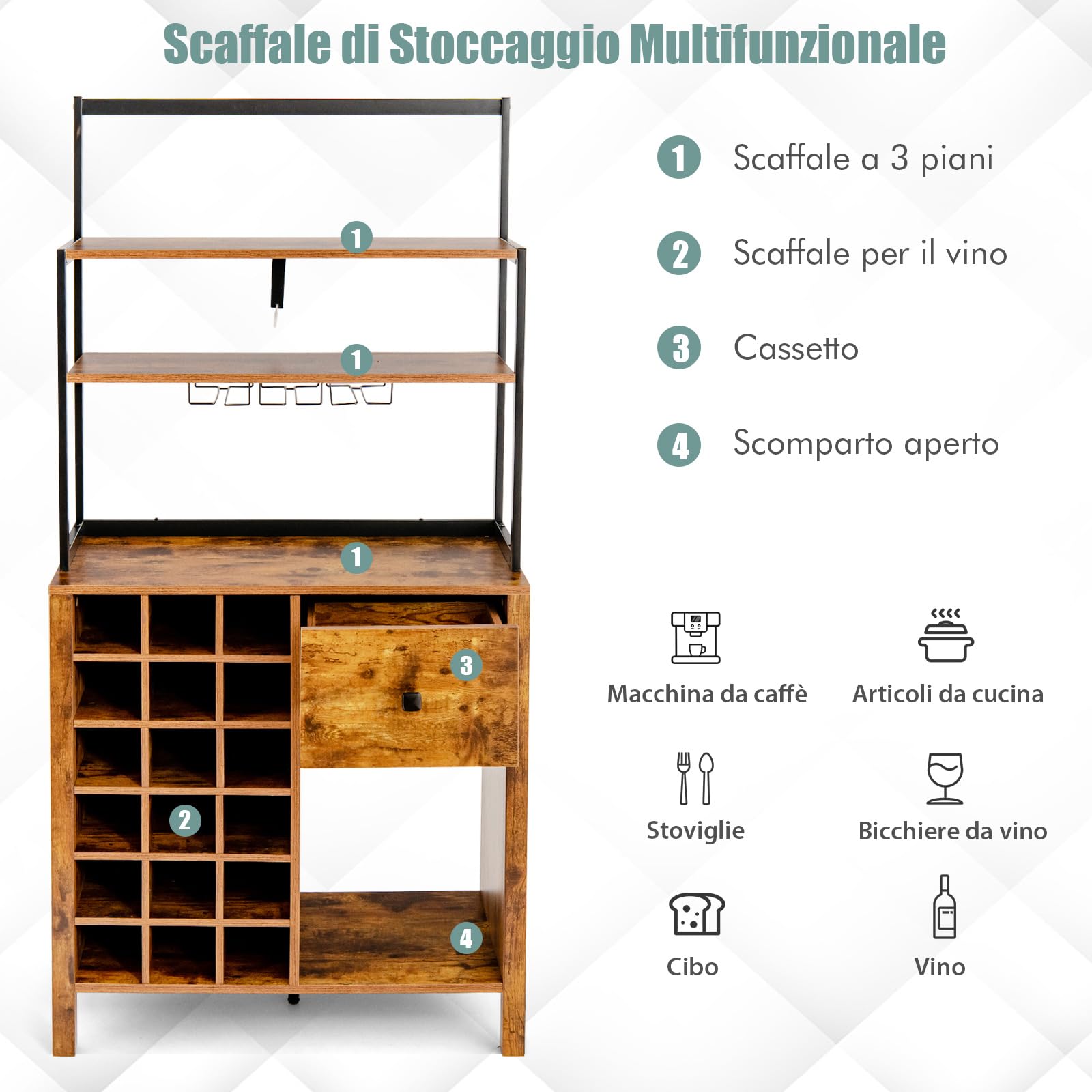 Credenza Cucina Stile Industriale - 100x35x85 Cm, Con Cassetti E Ante, Legno E Metallo, Capienza 180 Kg - Foto 4