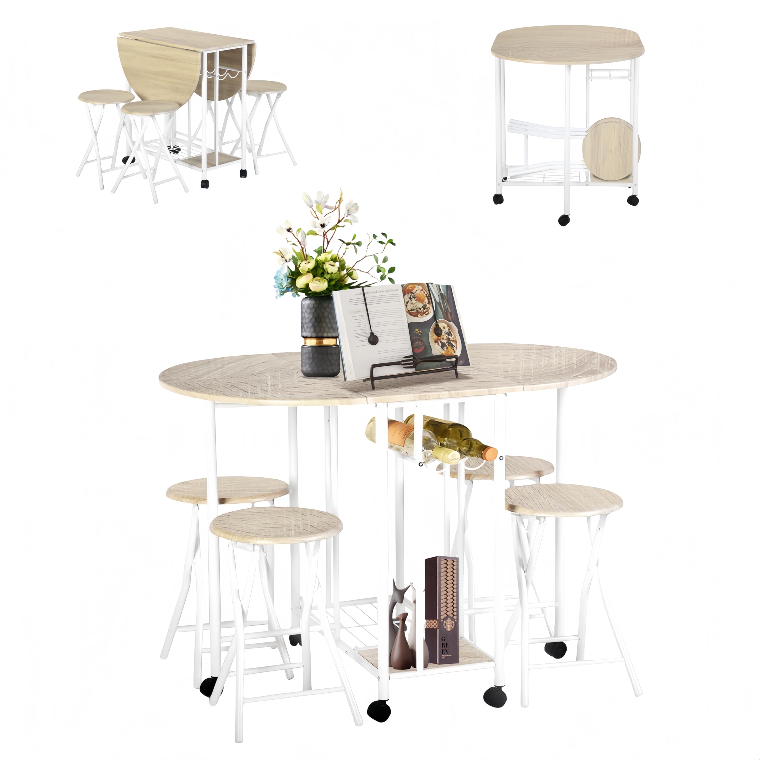GOKHOMX Mesa de comedor con 4 sillas, mesa de cocina, pequeño espacio con 4 sillas plegables, mesa plegable con espacio de almacenamiento para restaurante, terraza y balcón jardín (roble natural)