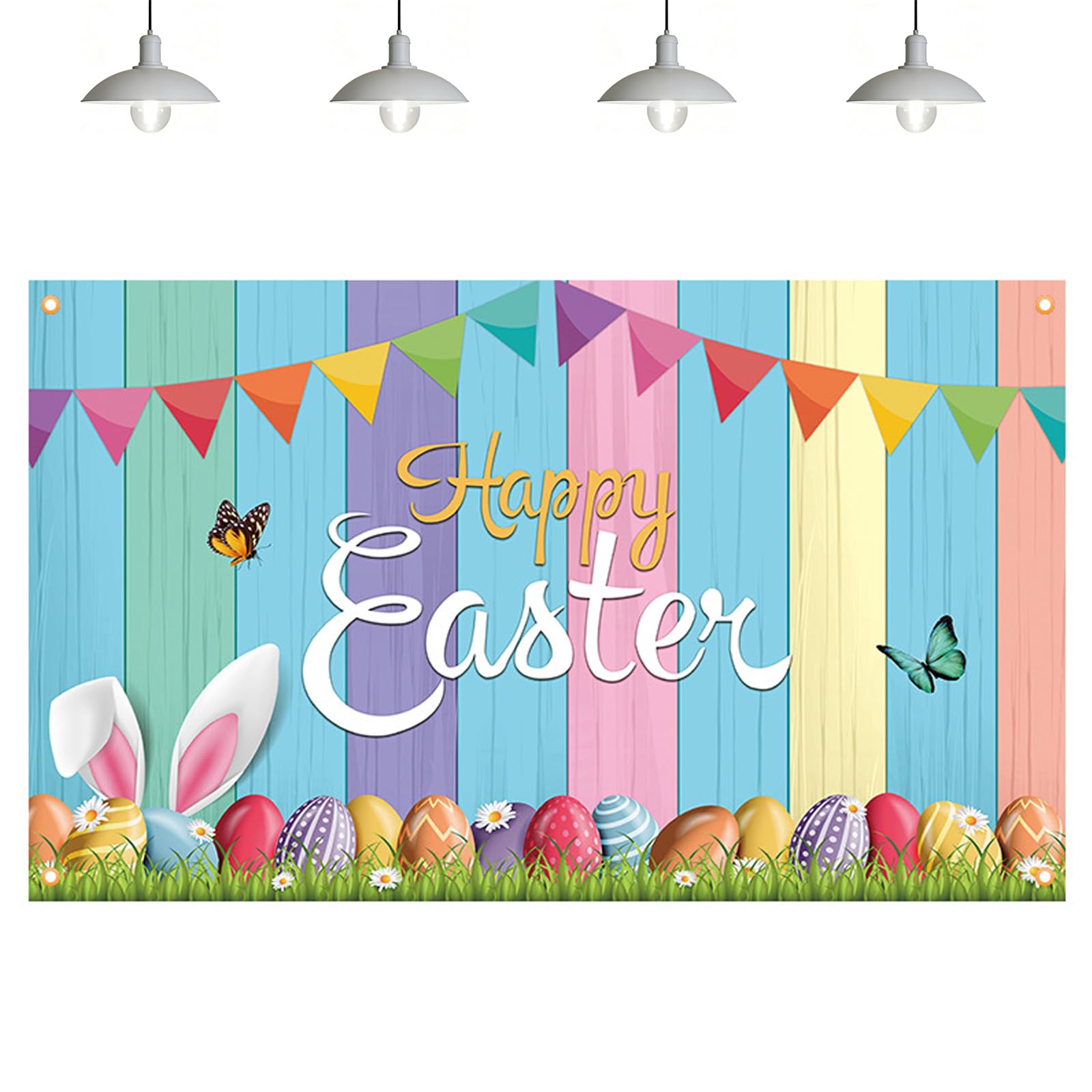 HattusaShield Happy Easter Banner Decorations,150 x 90cm Easters Backdrops with Eggs Rabbit Bunny with Eyelets