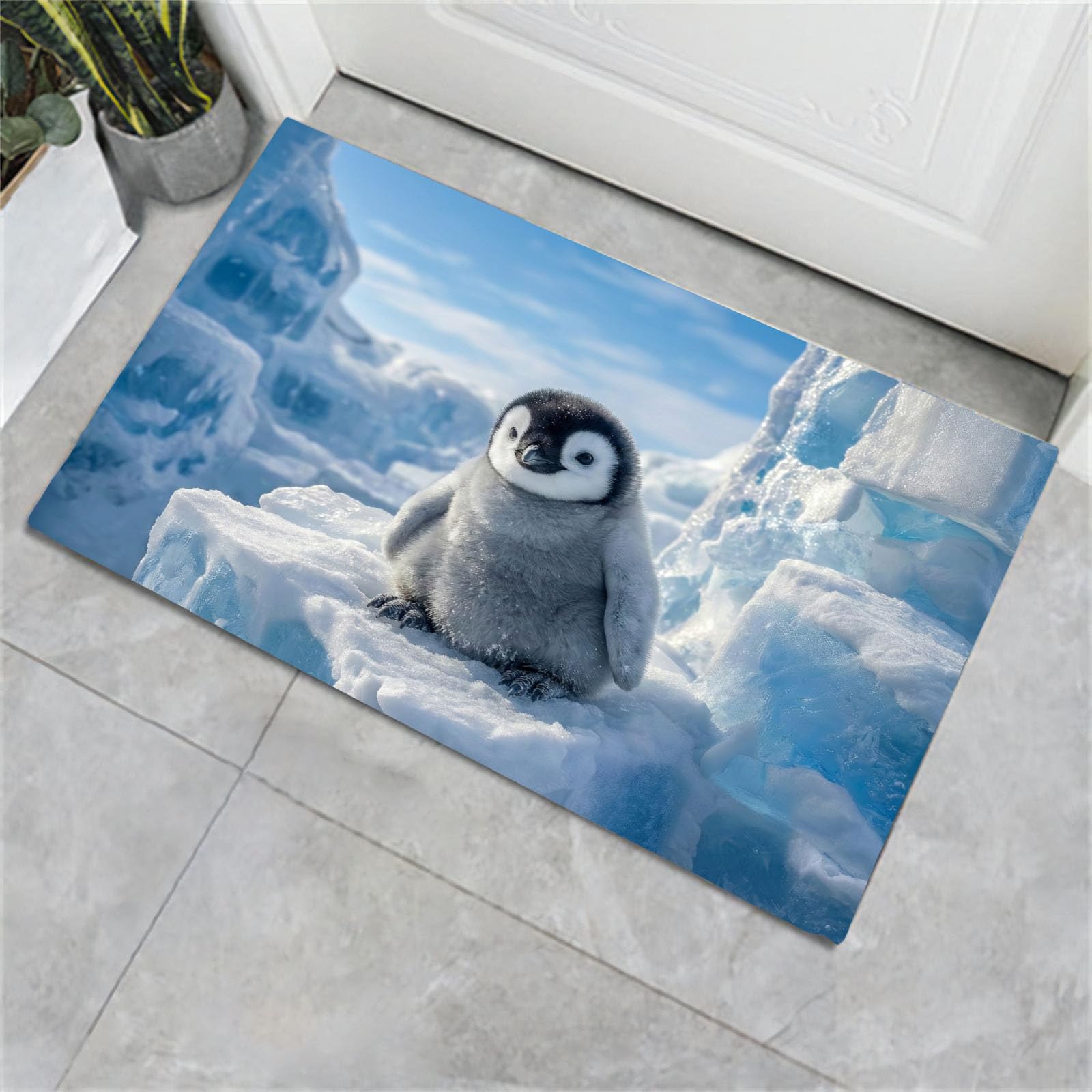 Paillasson manchots de l'Antarctique 50x80cm tapis de porte lavable bleu glacier