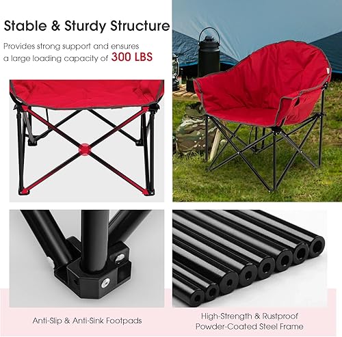 Vista 16 de Tangkula Oversized Camping Chair, Outdoor Padded Folding Chair with Cup Holder, Moon Round Saucer Club Chair, Outside Foldable Camp Chair with Carry