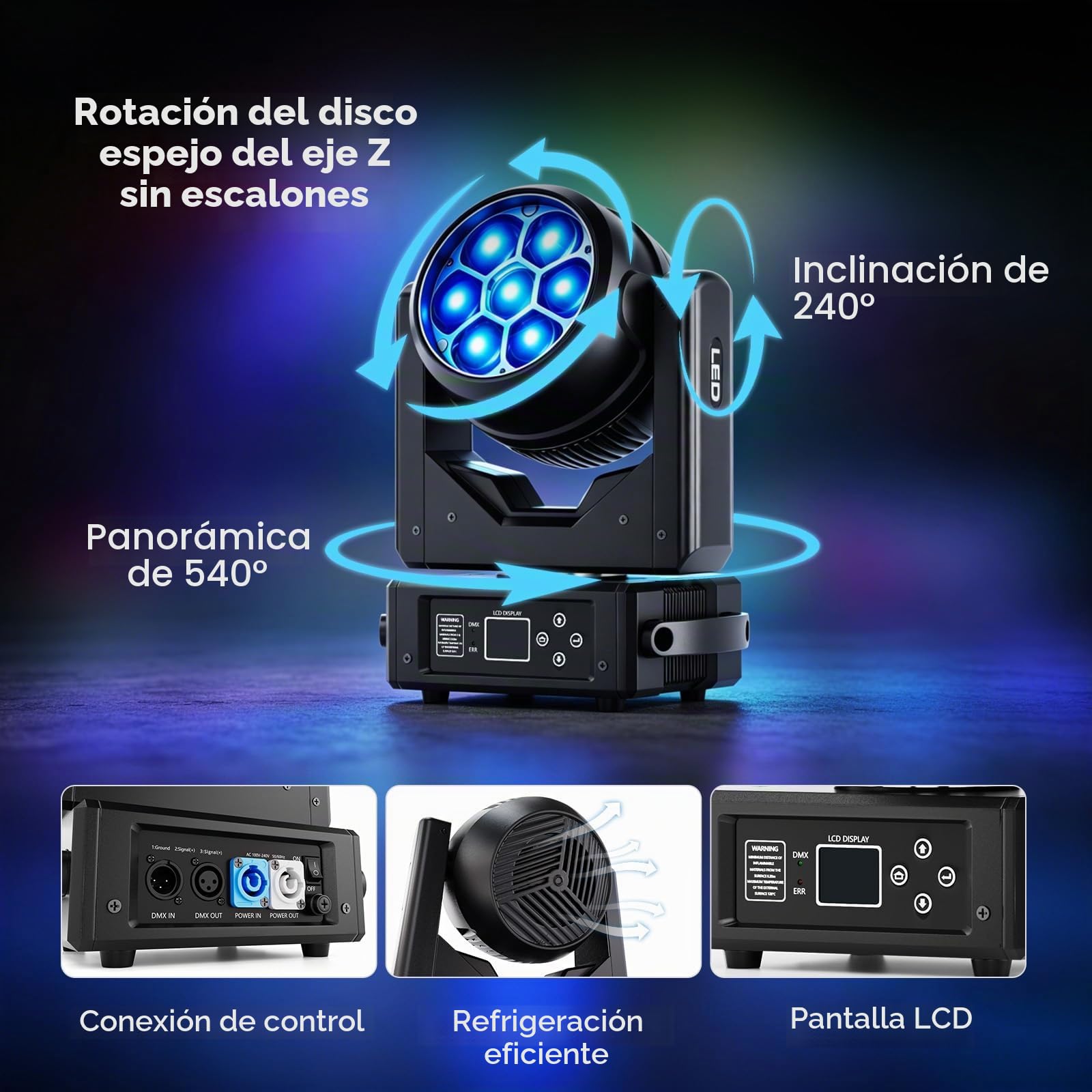 2 PCS 7X40W Cabeza Móvil LED RGBW,7 LEDs Luz de Escenario con DMX512,Modo Maestro/Esclavo,Efectos Wash,Haz,Vórtice,Caleidoscopio,Enfoque Electrónico,para Bares,Conciertos,Festivales,Discotecas