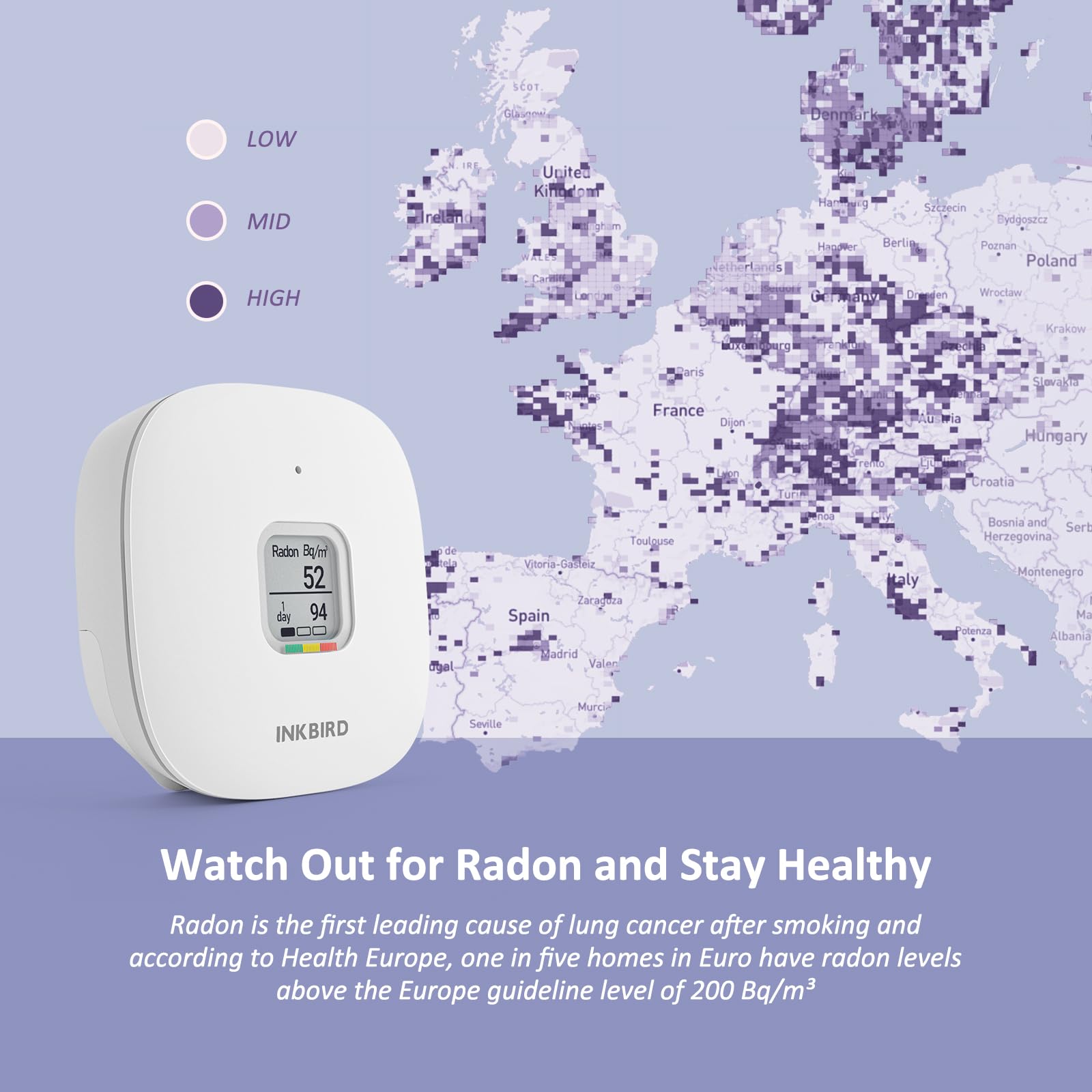 Inkbird Rilevatore di Radon Digitale con Display LCD, RD-3 Monitoraggio di Radon Gas in Tempo Reale,Funzioni di allarme,Misuratore di Radon Portatile per Ambienti Interno/Esterno