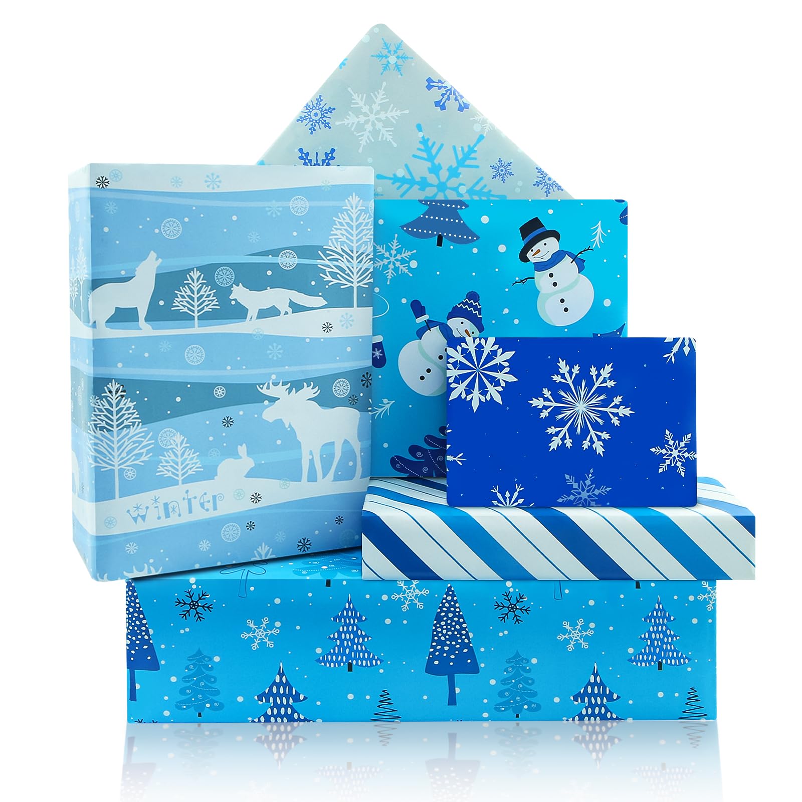 Snowflake Blue Christmas Wrapping Paper, 6 Designs Snowman Christmas Tree Elk Snowflake Print Blue and White Holiday Gift Wrap for Merry Christmas
