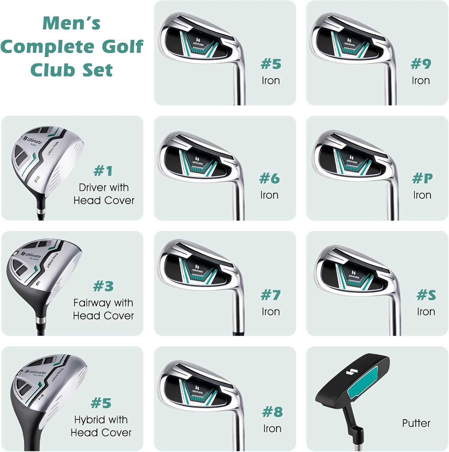 Tangkula 12 Pieces Men’s Complete Golf Club Set Right Hand, Golf Club Package Set with 460CC #1 Driver & #3 Fairway & #5 Hybrid & #5/#6/#7/#8/#9/#P/#S Irons, Putter, Rain Hood, Portable Golf Stand Bag
