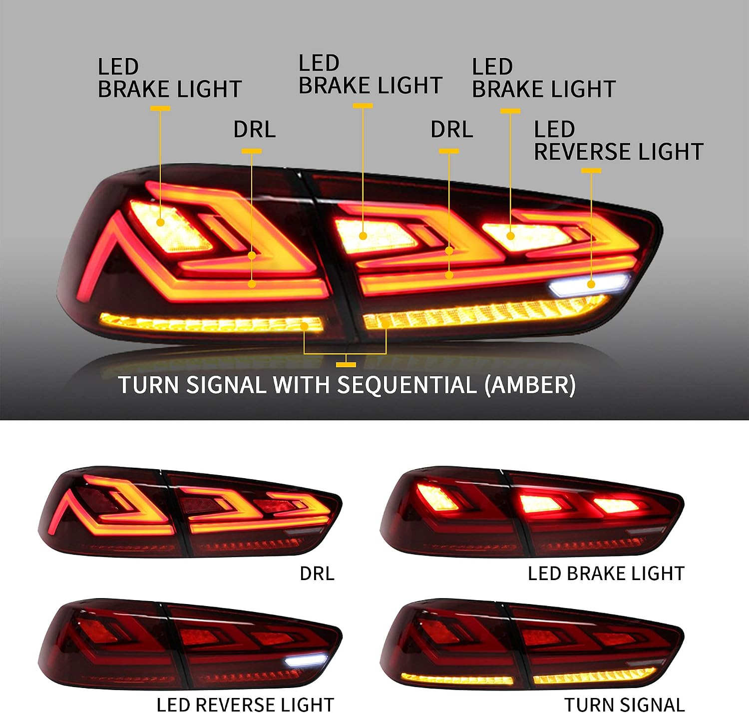 VLAND LED Red Tail Lights Assembly for [Mitsubishi Lancer EVO X Sedan 2008-2018 (NOT for Sportbacks) ] Rear Lamps With Sequential Turn Signal & Welcome Running lights, Driver & Passenger Sides