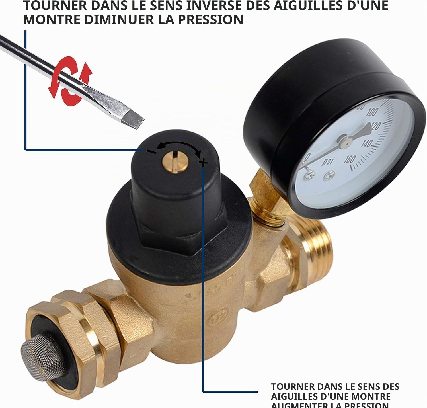 3/4 Pouce Reducteur De Pression Eau, Rv Regulateur De Pression D Eau RéGlable Avec 0-160 Psi Manometre Et Filtre, Laiton RéDucteur De Pression D'Eau Limiteur Pour Camping-Car Et Caravane