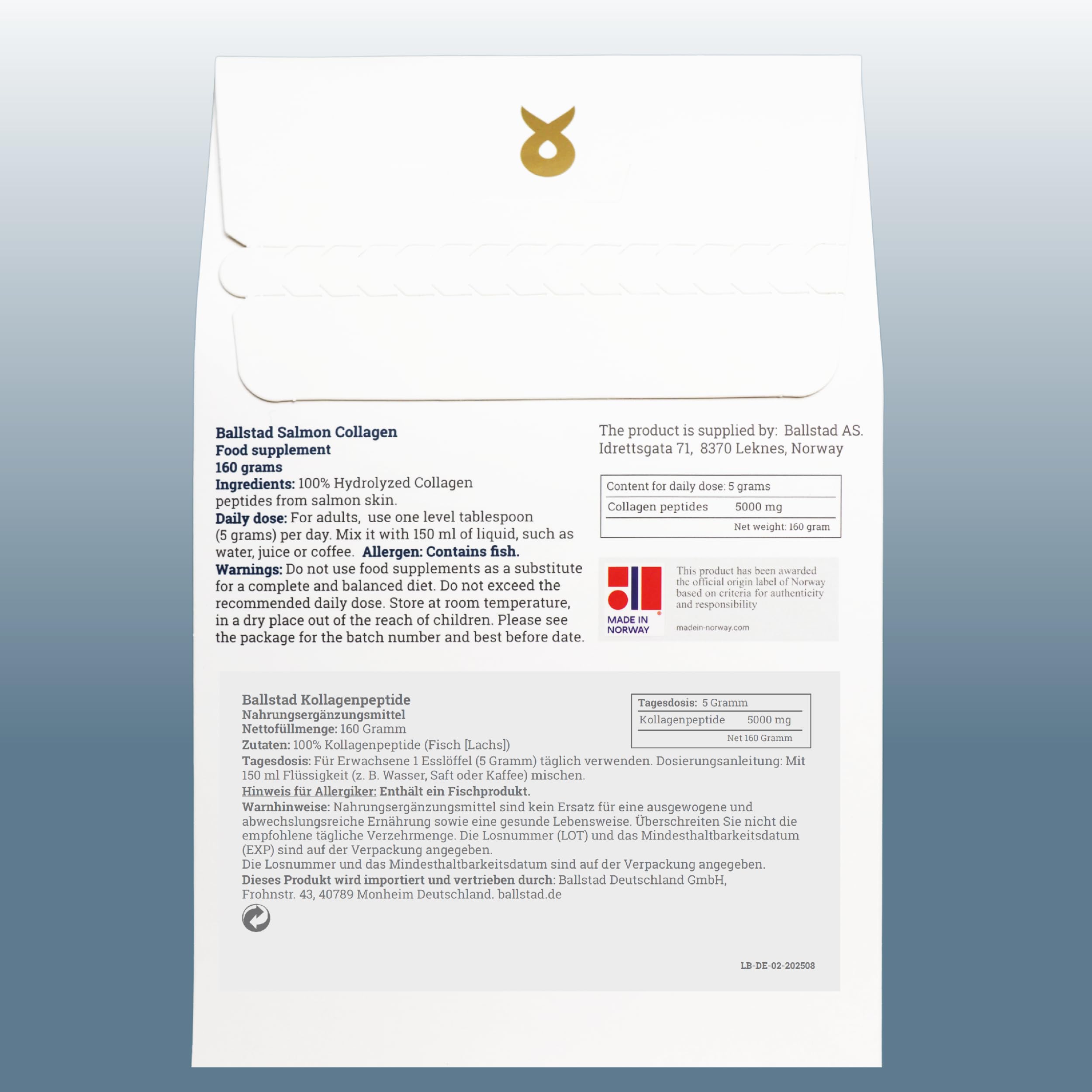Reine Norwegische Lachs-Kollagenpeptide 160g - Lachs Kollagenpulver ohne Zusatzstoffe, ideal zum Einrühren in Getränke & Suppen. Made in Norway. Nachfüllpackung für 1 Monat