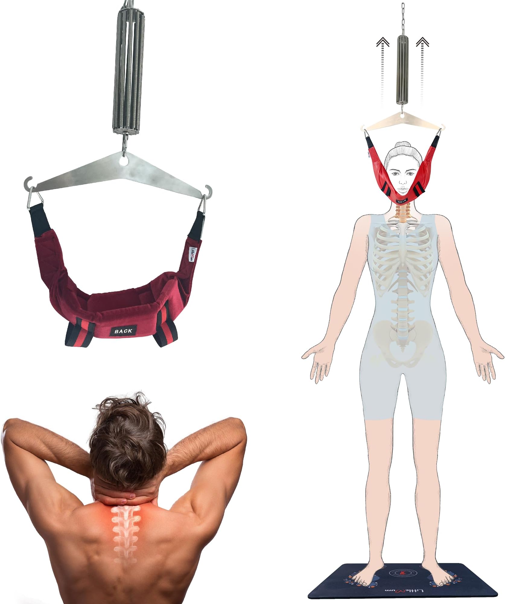 Cervical Traction Apparatus, Spinal Decompression Device, Neck Stretcher (Dark RED-Velvet Head Halter)
