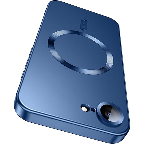 Magnetic for iPhone 16e Case [Compatible with MagSafe][Built-in Camera Lens Protector] Slim Soft Silicone Bumper Shockproof Metallic Luster Phone Case (Blue)