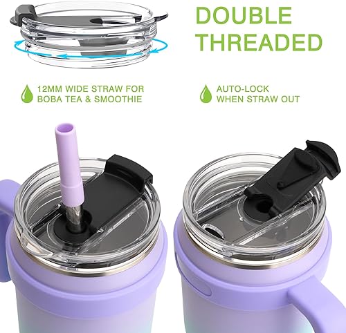 Miniatura 3 de Vaso de 40 onzas con asa y popote ancho, vaso aislado de acero inoxidable de doble pared con tapa 2 en 1, 100% a prueba de fugas, mantiene las