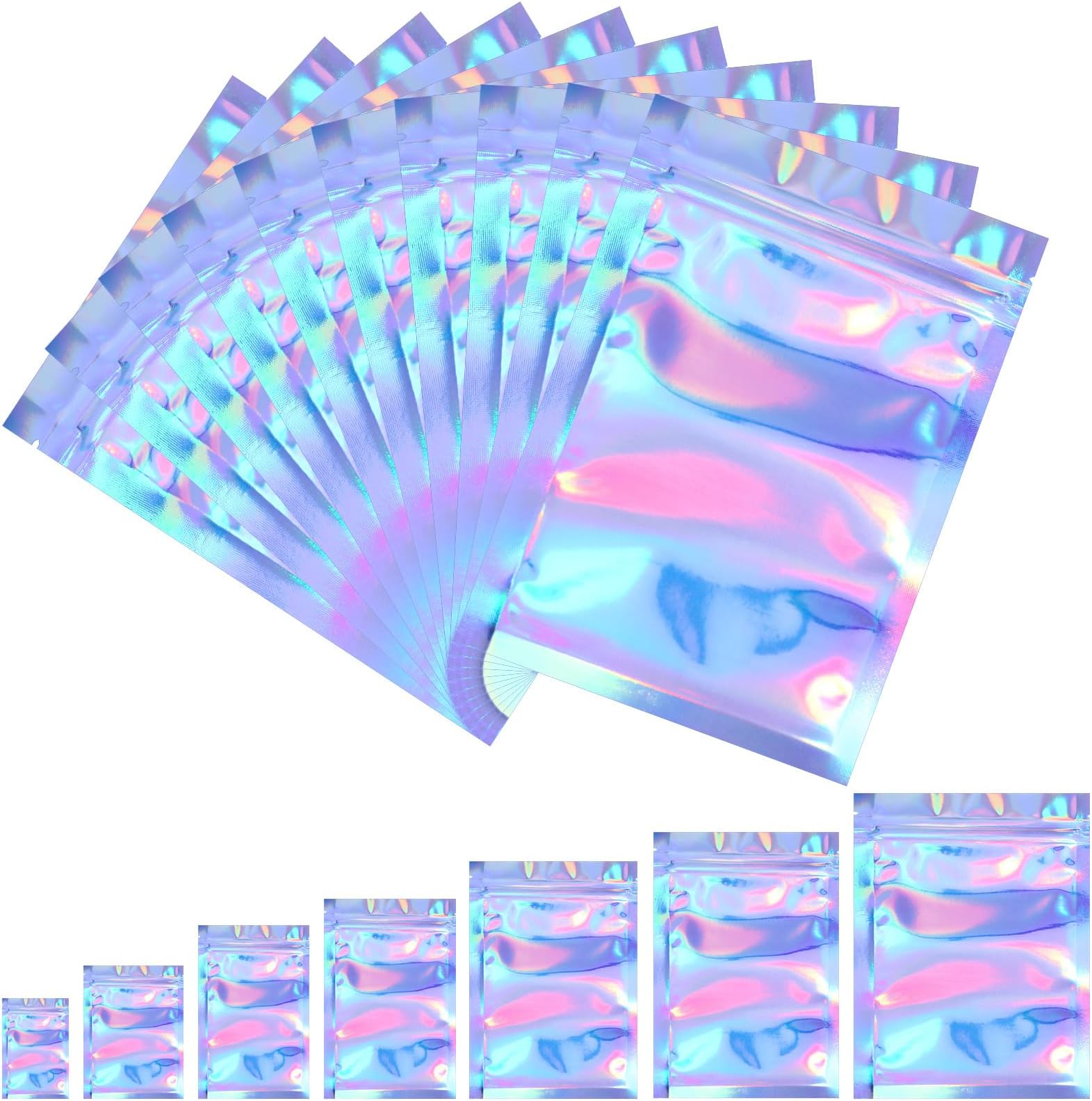 Blulu 100 Pieces Resealable Foil Proof Bags Scent Proof Flat Pouch Clear Smell Sealable Packing Bags Iridescent for Food Storage Snack Jewelry(3.3 x 5.1 Inches,Holographic Color)