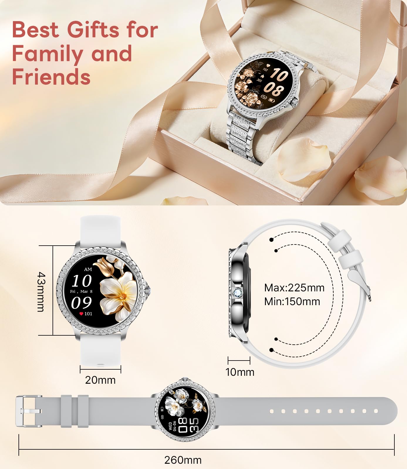 LIGE Damski smartwatch z połączeniem Bluetooth, 1,32" Diamentowy Smartwatch, Monitor snu, Cykl menstruacyjny, krokomierz, 500+ Inteligentny zegarek na Androida iOS, srebrna stal nierdzewna