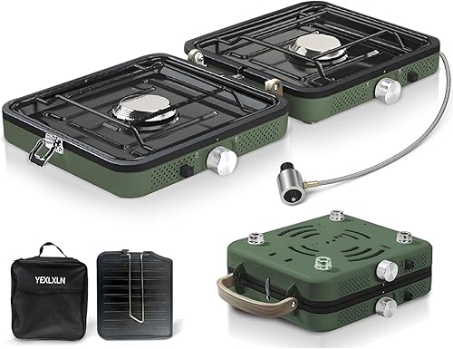 Estufa de camping plegable de 2 quemadores con plancha y bolsa de transporte, estufa de campamento de propano portátil con 2 quemadores ajustables e
