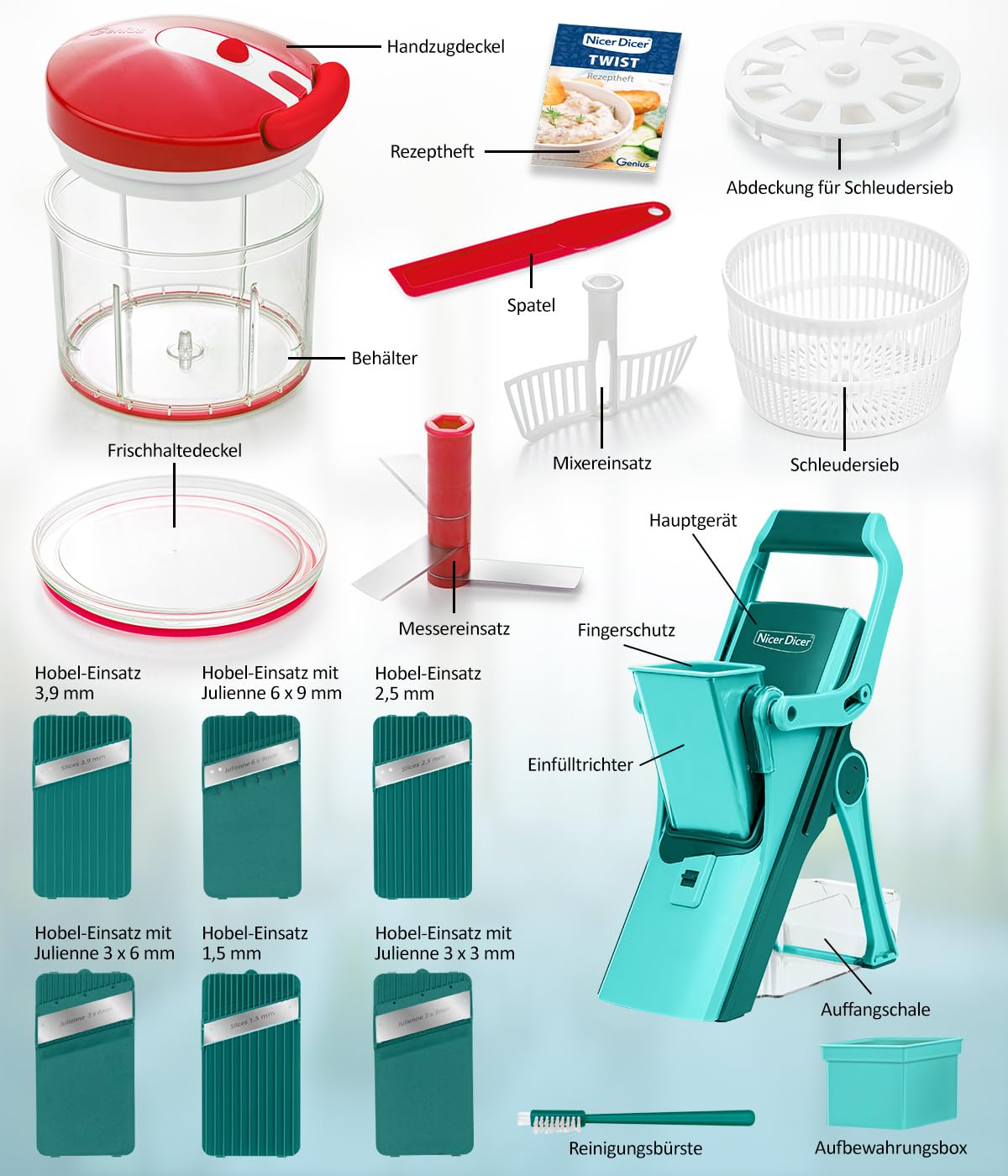 Genius Nicer Dicer Mando wraz z krajalnicą do warzyw Twist, 21-częściowa, ręczna szatkownica do warzyw, stojąca, z pojemnikiem na ścinki, 6 wkładów, cebulę, ziemniaki, frytki, sałatę, wirówkę