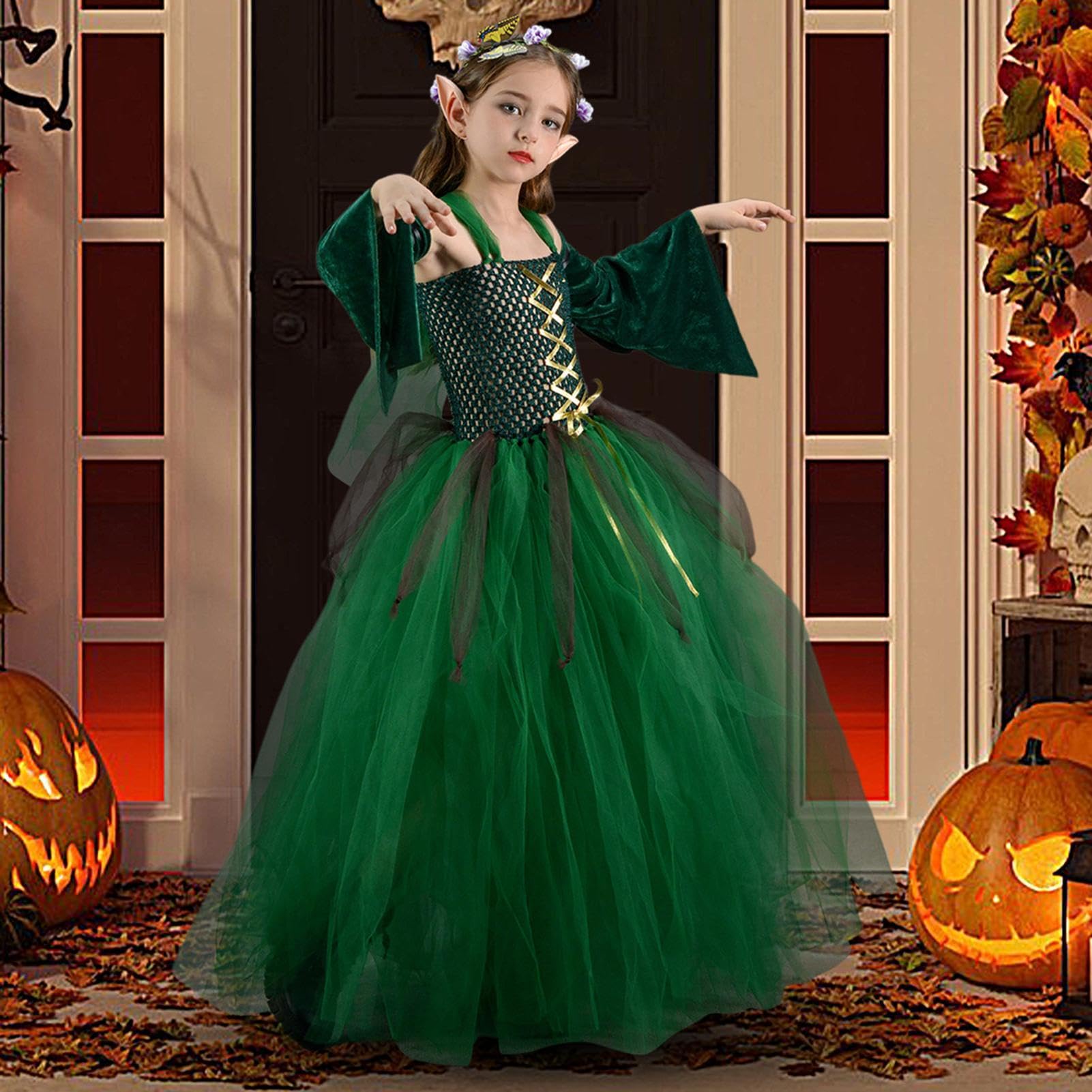 Costume Halloween per Bambine Abito Verde Con Gonna A Tutù In Tulle Da Fata | Costume Fata Bambina Per Feste A Tema Halloween, Spettacoli, Carnevale, Compleanni, Eventi Scolastici
