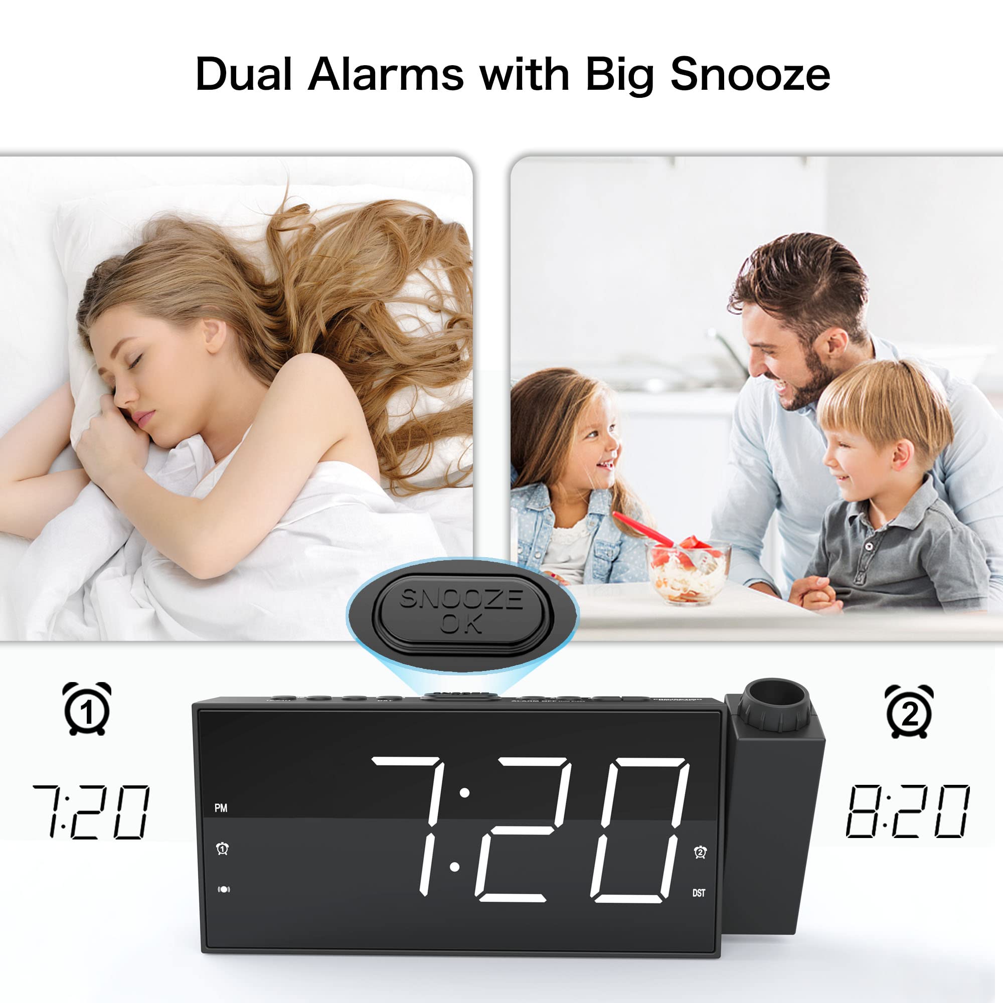 Projection Digital Alarm Clock with Bed Shaker for Bedrooms, Extra Loud Alarm Clock for Heavy