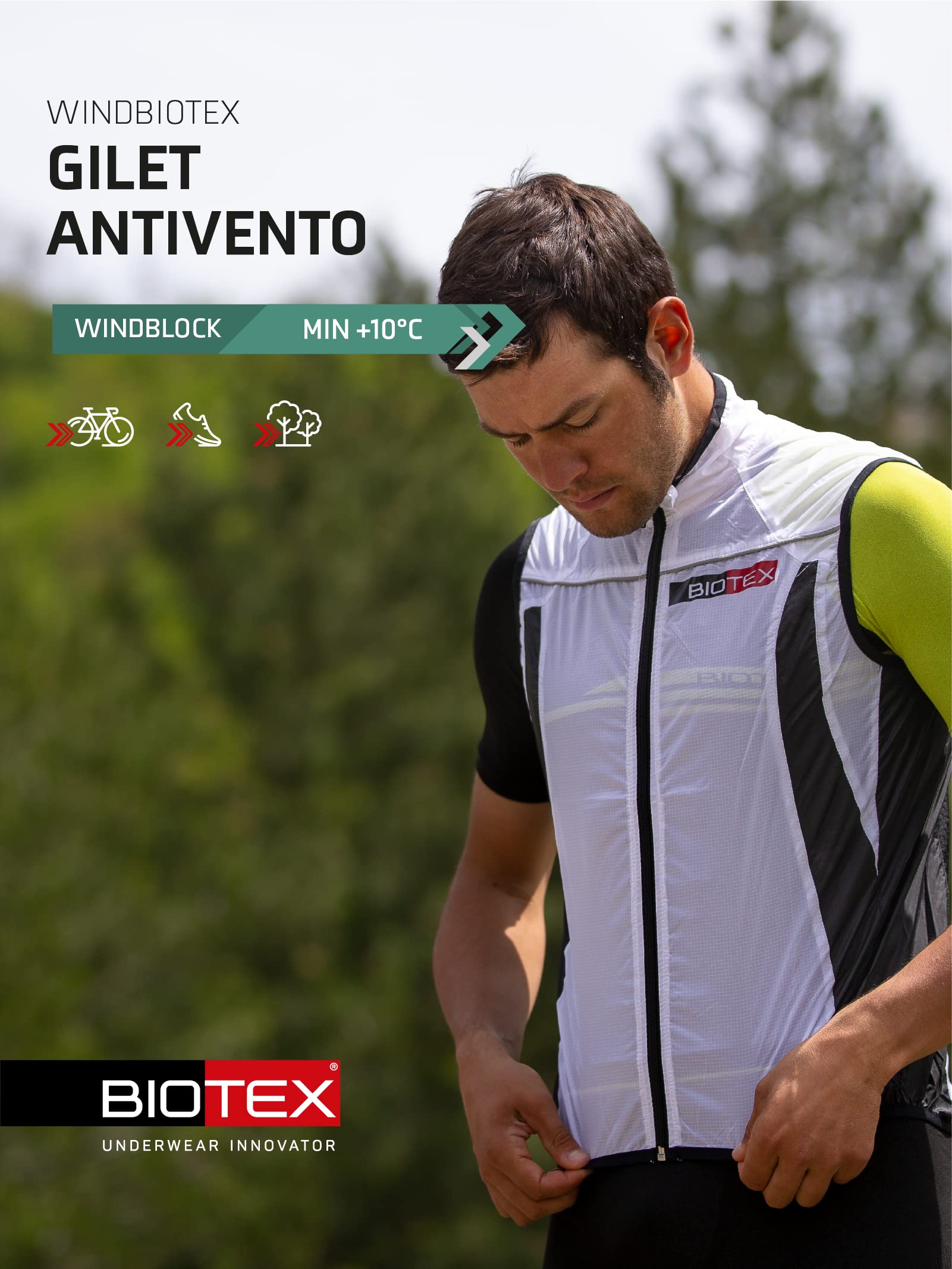 BIOTEX Gilet X-Light Antivento Ciclismo e Running, Intimo Tecnico Sportivo, Giacca Traspirante e Ripiegabile