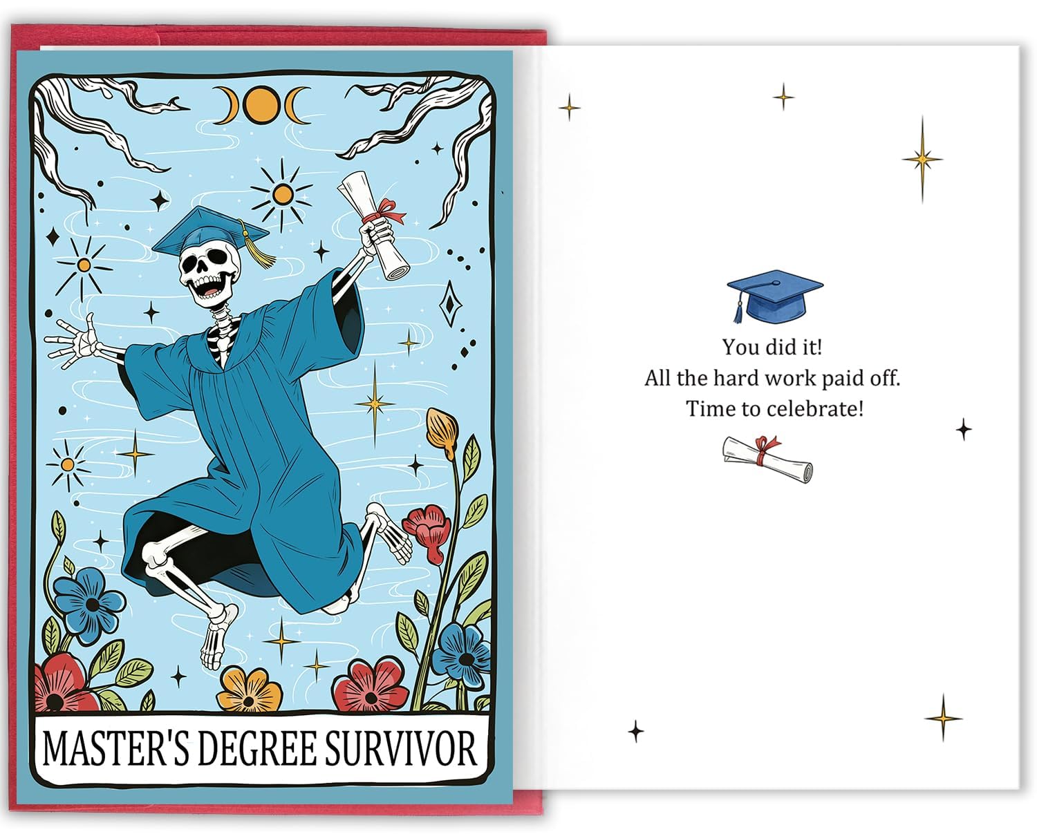 Funny Master's Degree Graduation Card, Master's Degree Survivor Card with Skeleton Design, Graduation Gift for Masters Degree Holders and Graduate Students