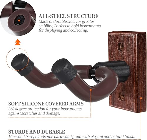 Miniatura 5 de Soporte de pared para guitarra, paquete de 2, colgador de madera para guitarra para almacenamiento seguro y exhibición, colgador de pared resistente
