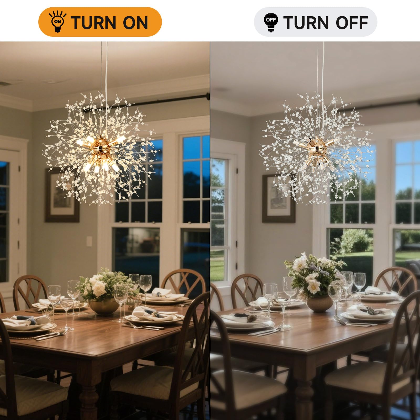 Lampadari moderni a forma di fuochi d'artificio Lampada a sospensione Dandelion, oro 8 luci G9 Lampadari con cristalli Lampada da salotto, camera da letto, sala da pranzo, ingresso, Φ45 cm