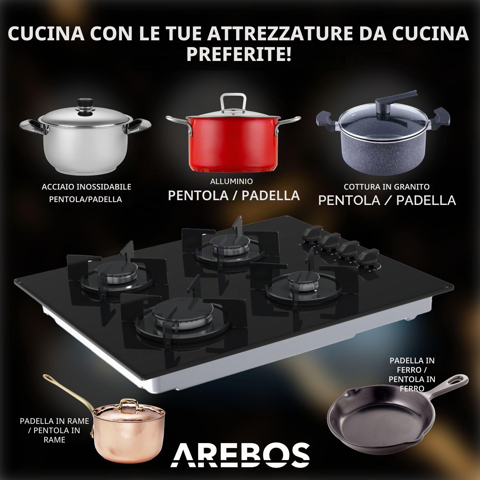 Arebos piano cottura a gas 60 cm 4 fuochi | Vetro temperato | Da incasso con supporti in ghisa | Compatibile con gas naturale e GPL | Dispositivo di sicurezza integrato