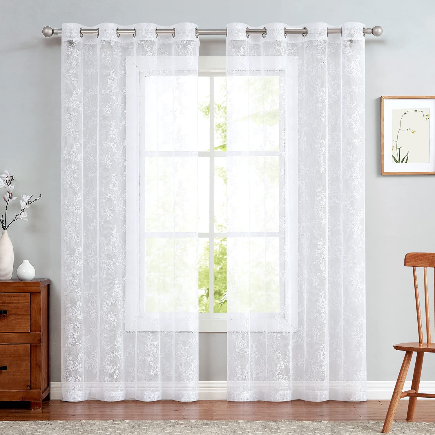 TOPICK Cortinas Transparentes de Encaje con Ojales para salón, Comedor, Dormitorio, Color Blanco, 150 x 245 cm, 2 Unidades