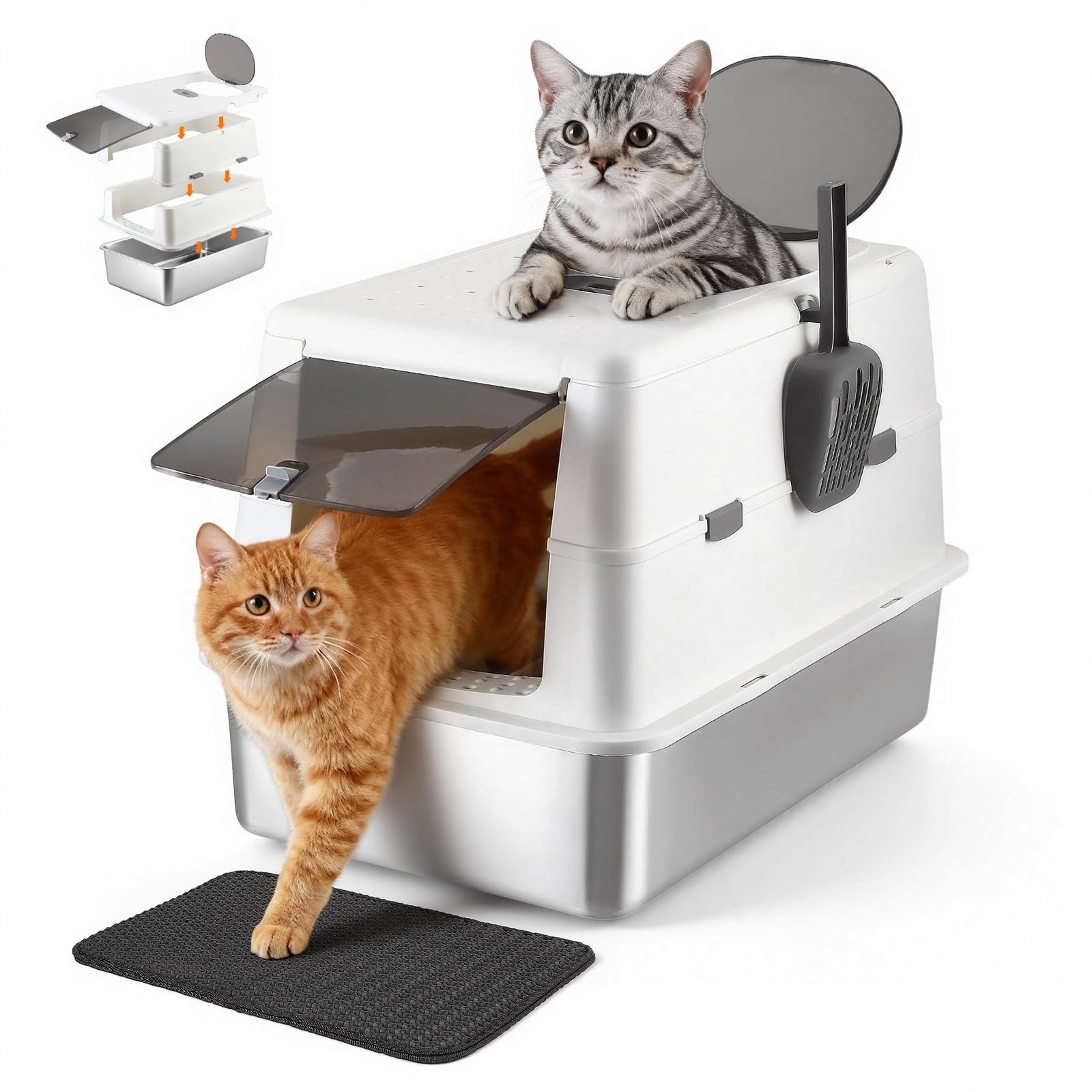 Stainless Steel Cat Litter Tray, XXL Large Cat Litter Box with 180° Flip Lid, High Capacity, Odor Control, Easy Clean, Includes Litter Scoop & Mat for All Cats