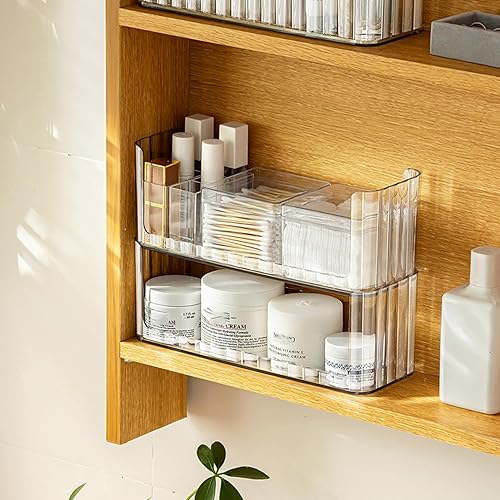 MORNITE Organizador de estantes de 2 niveles para botiquín, compartimentos para almacenamiento de maquillaje, bandejas de estante para pared de