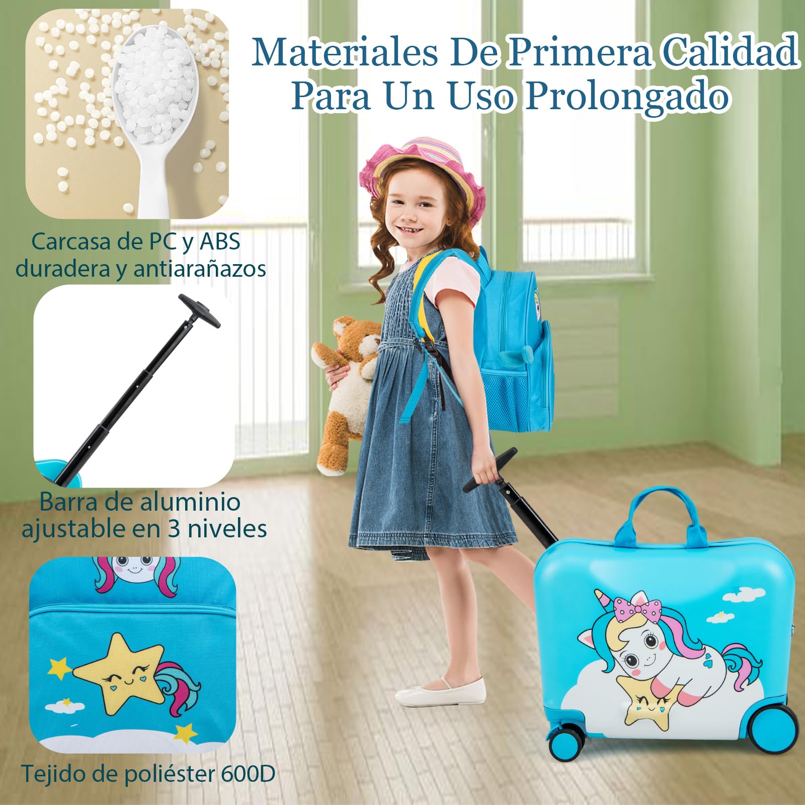 SOARS Juego de Maletas de Viaje Cabina para Niños, Trolley con Ruedas Correpasillo 40L, 18" Maleta con Ruedas + 12" Mochila Infantil con Asa y Correas Ajustables, Multifuncional (Unicornio Azul)