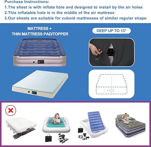 Miniatura 4 de Bedecor Sábanas bajeras para colchón de aire clásico para cama de aire, colchón inflable para invitados, hogar, campamento, viajes, infla sin