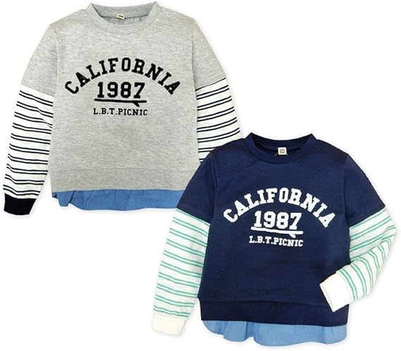 Amazon 杢グレー 110cm 子供服 男の子 トレーナー 長袖 重ね着風 フロッキープリント 裾シャツ切替 ワッペン装飾 ボーダー柄 男児 キッズ トレーナー パーカー 通販