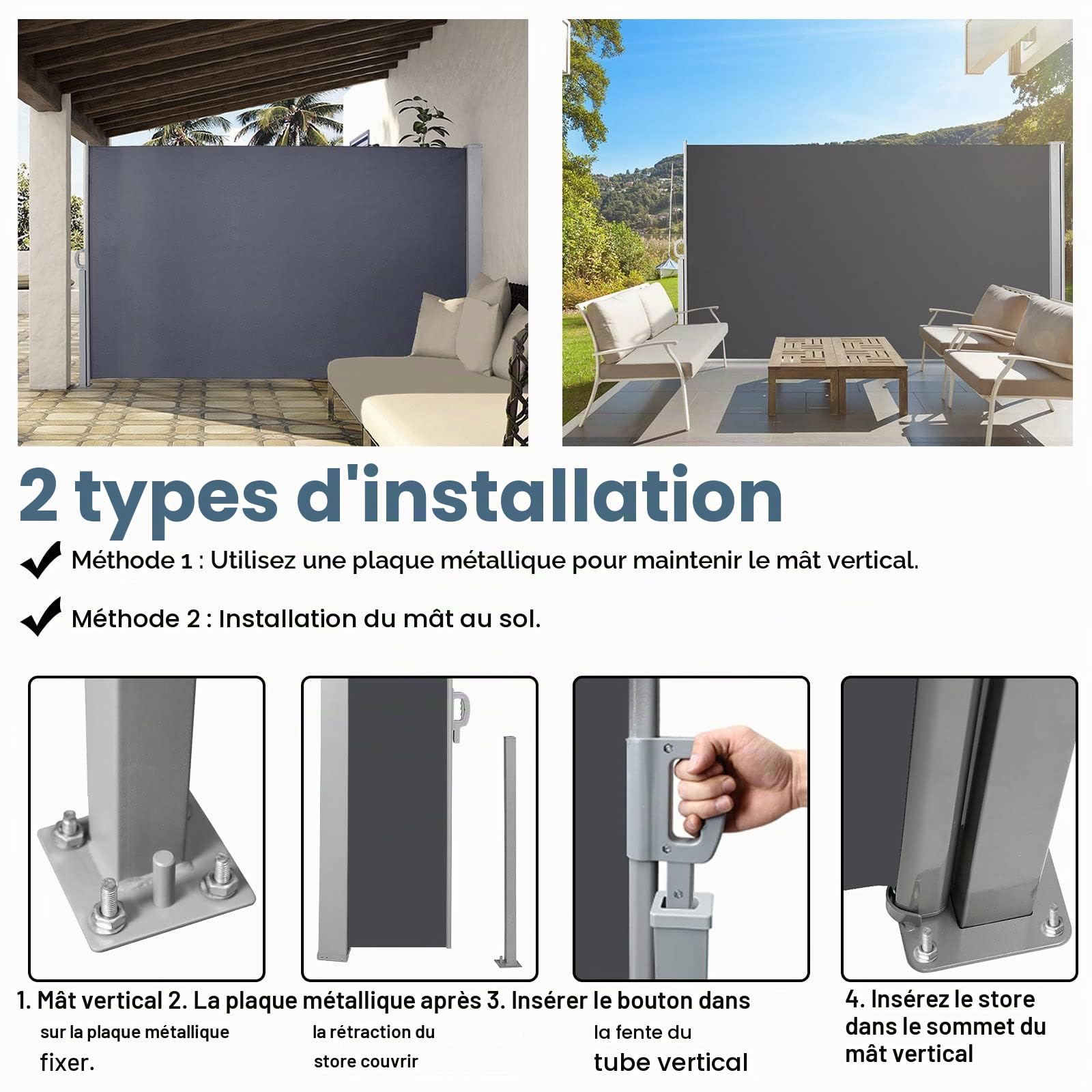 Gimisgu Store latéral, 160x300cm Auvent latéral Extensible Brise-Vue Opaque, Coupe-Vent, Protection Solaire, Paravent Extérieur, pour Balcon, Terrasse et Jardin, Polyester, Gris M3783-EM