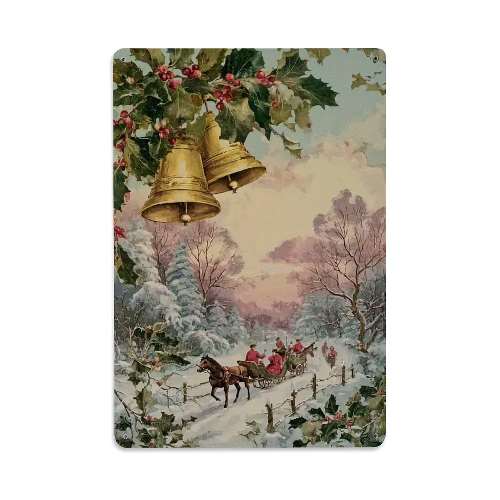 Jdyaojiesheng Vintage Christmas Sleigh Ride Scene With Bells Tin Sign Retro Metal Wall Decor Metal Poster, Home Bar Garage Farmhouse Cafe Wall Art Decoration 8X12inches