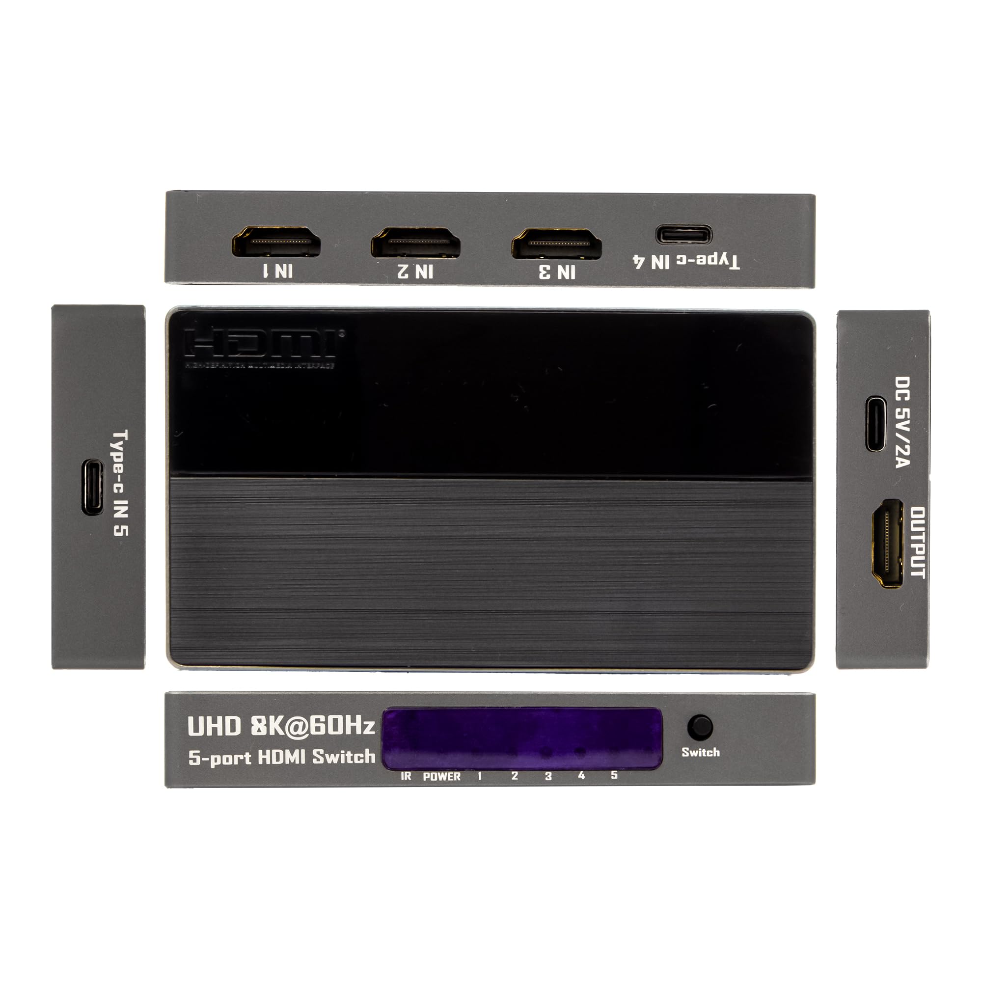 Przełącznik HDMI 2.1 kompatybilny z 8K 60 Hz i 4K 120 Hz, 5 wejść i 1 wyjście z 3 portami HDMI i 2 portami typu C, konwerter do Xbox, PS5 i monitorów.