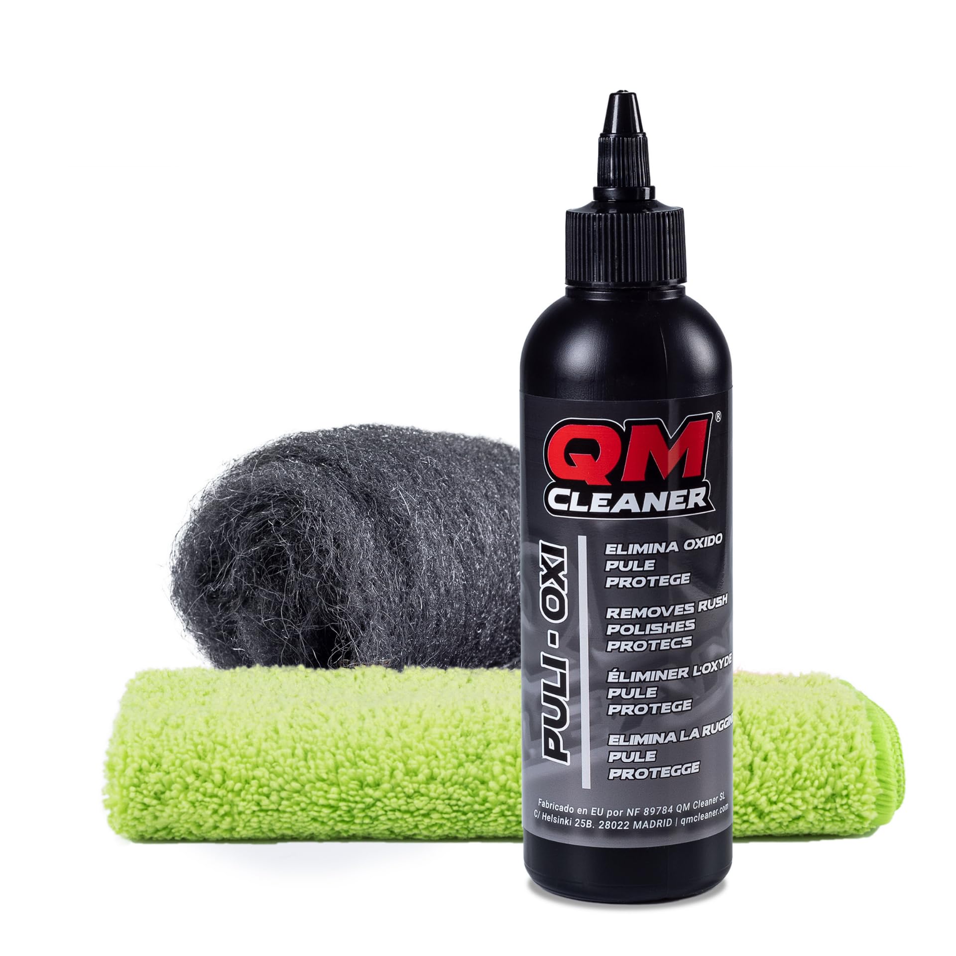 QM Cleaner Kit Puli-Oxi | Lucidante per metalli, smacchiatore di ruggine e detergente per cromature - Include anche lana d'acciaio 000 + panno in microfibra