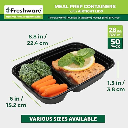 Miniatura 4 de Freshware Contenedores de preparación de comidas 50 unidades 2 compartimentos con tapas, contenedores de almacenamiento de alimentos, caja Bento,