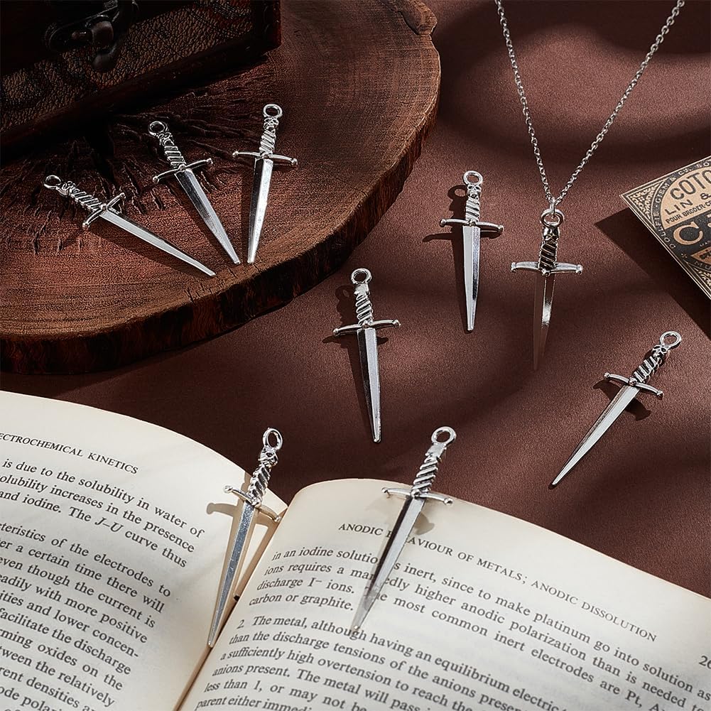 UNICRAFTALE 40Pcs Bookmark Charms Tibetan Style DIY Alloy Sword Big Pendants 58mm Punk Earring Charms for Book Lover Antique Silver Anime Figures Decoration Charm Sword Charm for Jewelry Making - Image 5