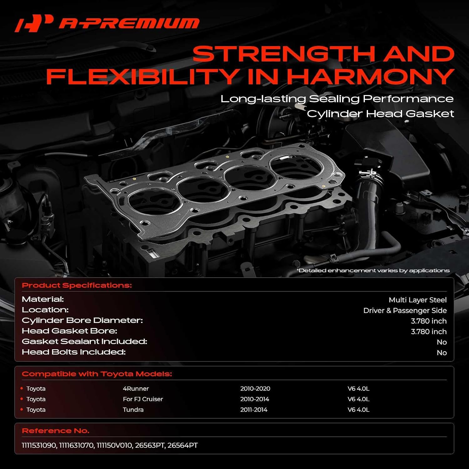 A-Premium V6 4.0L Left & Right Engine Cylinder Head Gaskets Compatible with Toyota Tundra 2011-2014, 4Runner 2010-2020, FJ Cruiser 2010-2014, Driver & Passenger Side, Multi-Layer Steel, 2-Pack