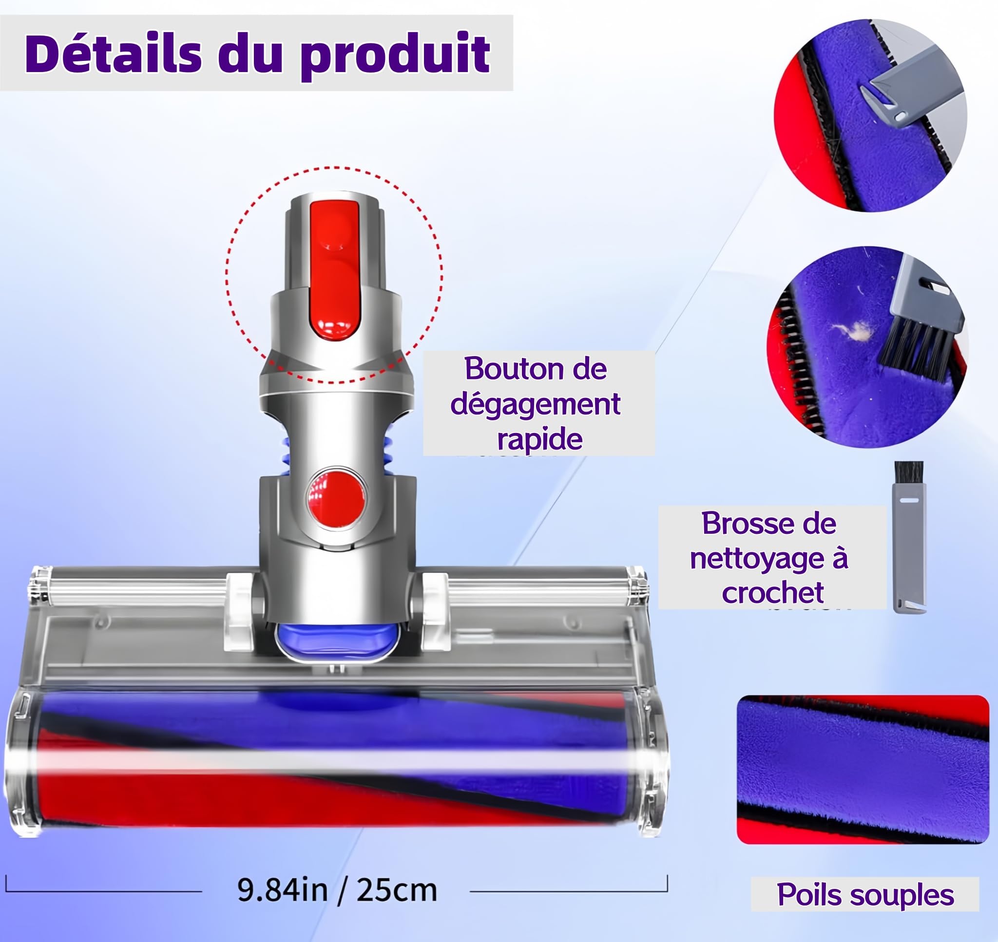 Brosse à Rouleau Souple pour Aspirateur Dyson V7 V8 V10 V11 V15, Tête de Nettoyeur Motorisée de Remplacement pour Sols Durs Parquet, Accessoire Embout Brosse SV10 SV11 SV12 SV14 SV15