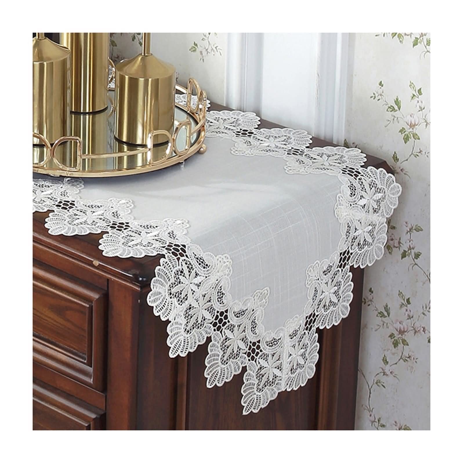 Tischband Herbst, Tischtuch Halloween aus Polyester Spitze Stickerei Hohle Blume Weiß 43x270CM für Partys Abendessen