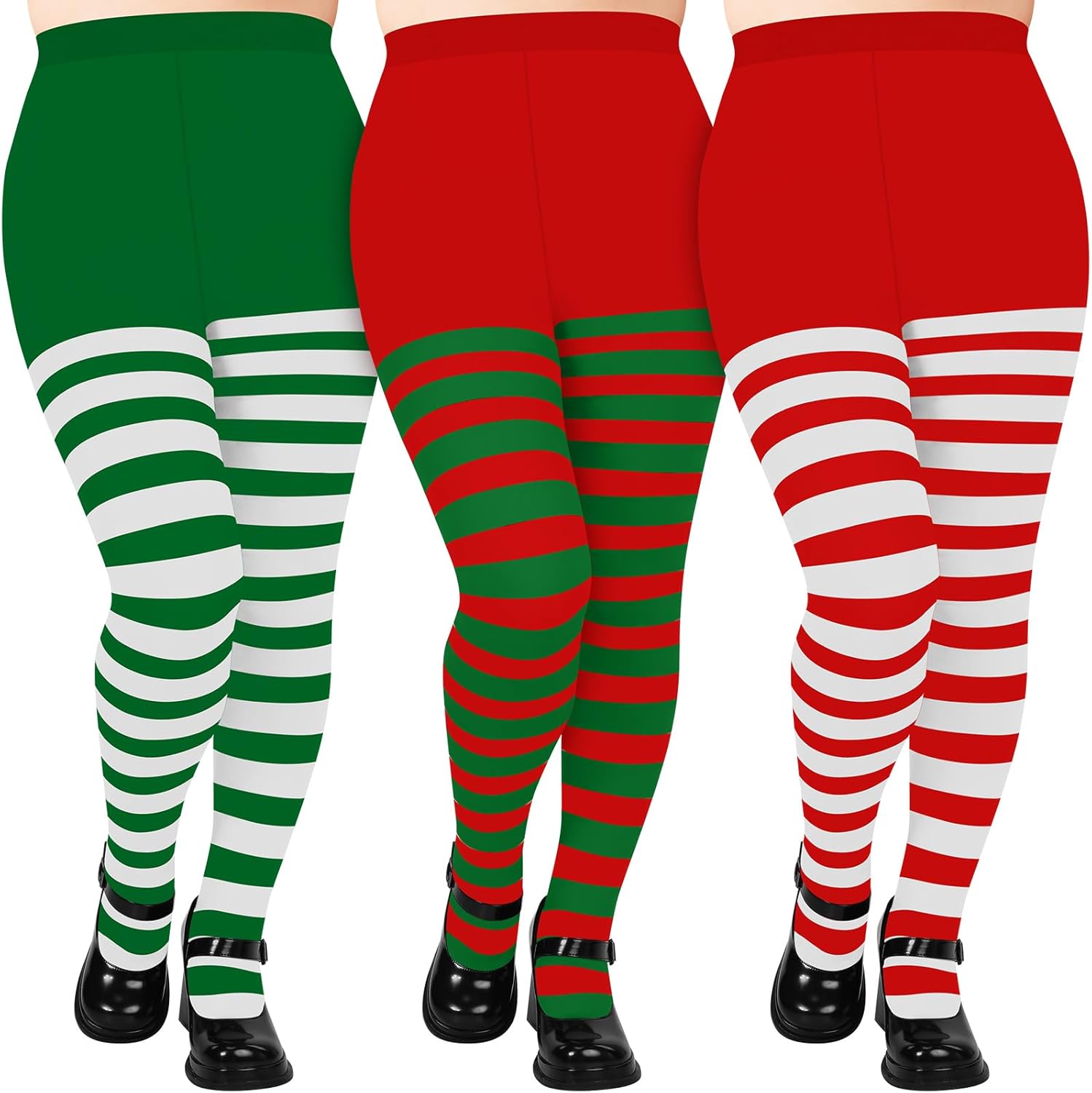 suhine 3 pairs plus size christmas striped tights high stocking full length tights stripe stockings for xmas white, red, green