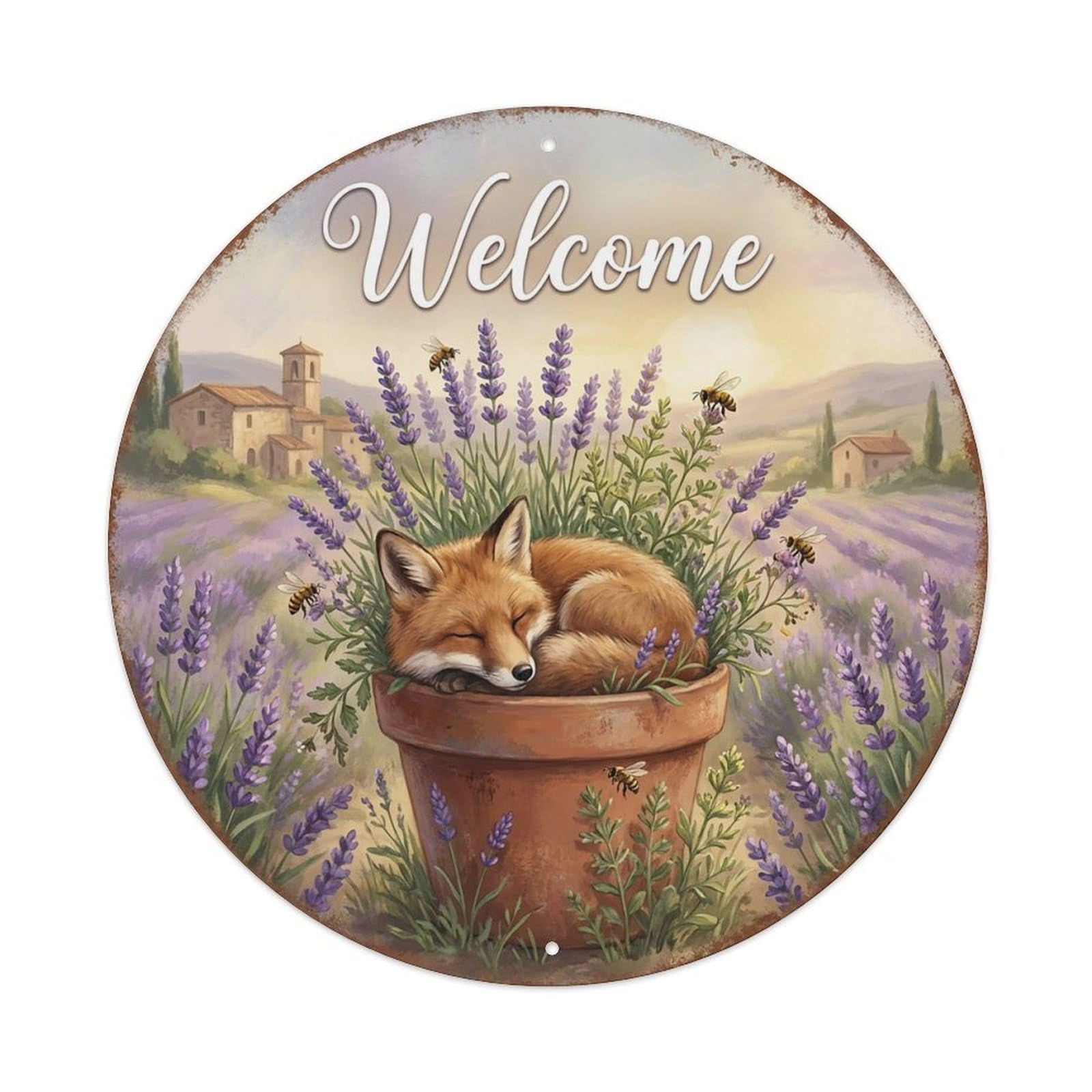 Welcome Fox Lavender Fields Vintage Metal Tin Sign Plaque Wall Decor for Cafe, Club Bar, Office, Garden Metal Poster 8x8Inch