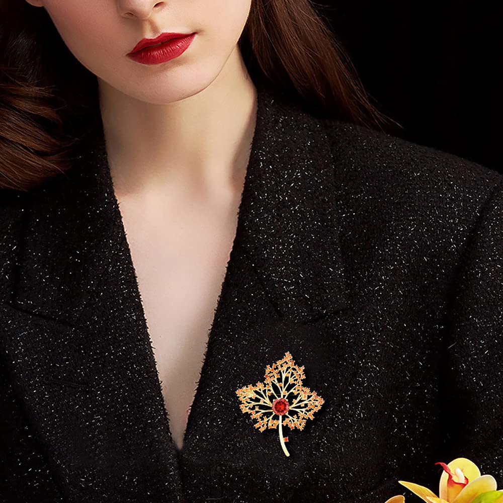 Broche con Forma de Hoja de Arce para Mujer, joyería Hueca de circonita Naranja y roja, Regalo para Solapa, Ideal para otoño.