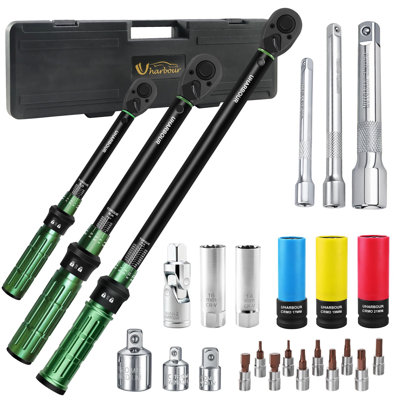 Uharbour 26 Pieces Torque Wrench Set, 1/4" 3-25 Nm & 3/8" 5-60 Nm & 1/2" 60-330 Nm Torque Wrench with Spark Plug Sockets, a Universal Joint, Extension Rods & Bits for Bike, Motorcycle & Car — image 1