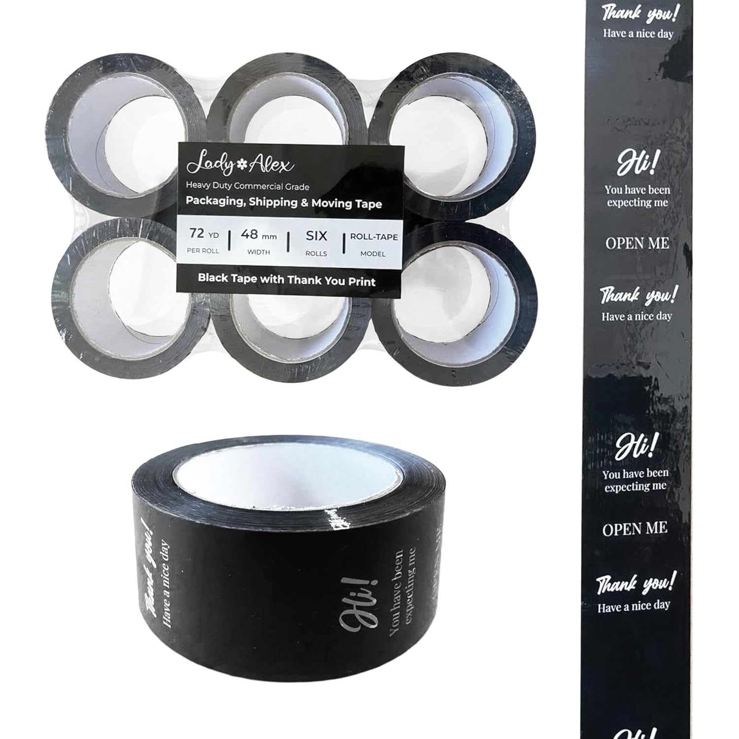 Packing Tape with Thank You Printing Pack of 6 Rolls Black Tape with White Words Packing 1.88” x 72 Yards Heavy Safety Sealing for All Box Types Decorate, Ship, and Sell with Style