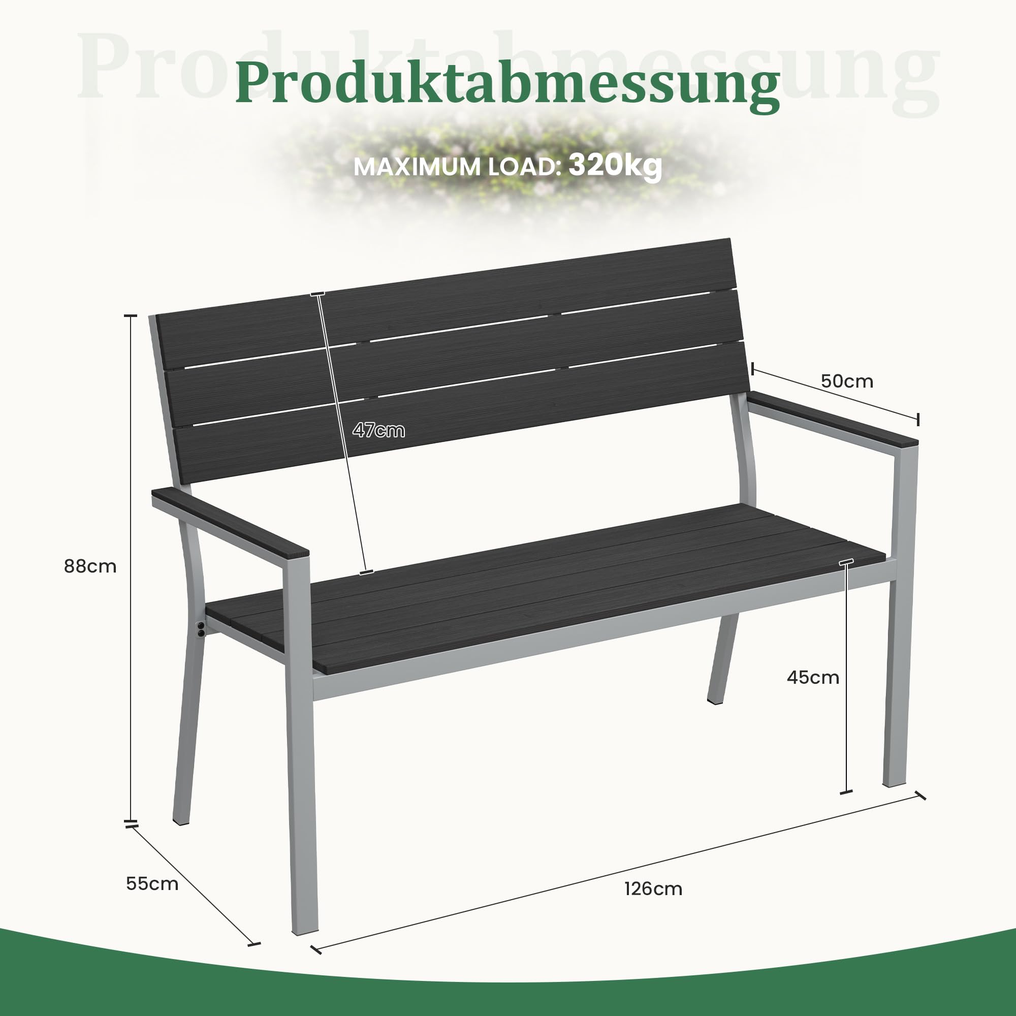 Amopatio Gartenbank Wetterfest, 2 Sitzer Sitzbank Outdoor, Balkonbank Metall aus WPC, UV-beständig Holzbank, Moderne Parkbank Gartenmöbel bis 320kg für Garten, Terrasse & Balkon, Schwarz-Anthrazit