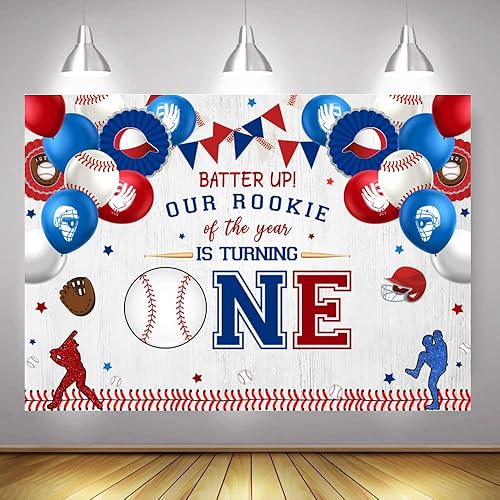 Miniatura 5 de Mocsicka Telón de fondo de béisbol para el primer cumpleaños para niño con texto en inglés "My Rookie Year", decoración de fiesta de béisbol novato